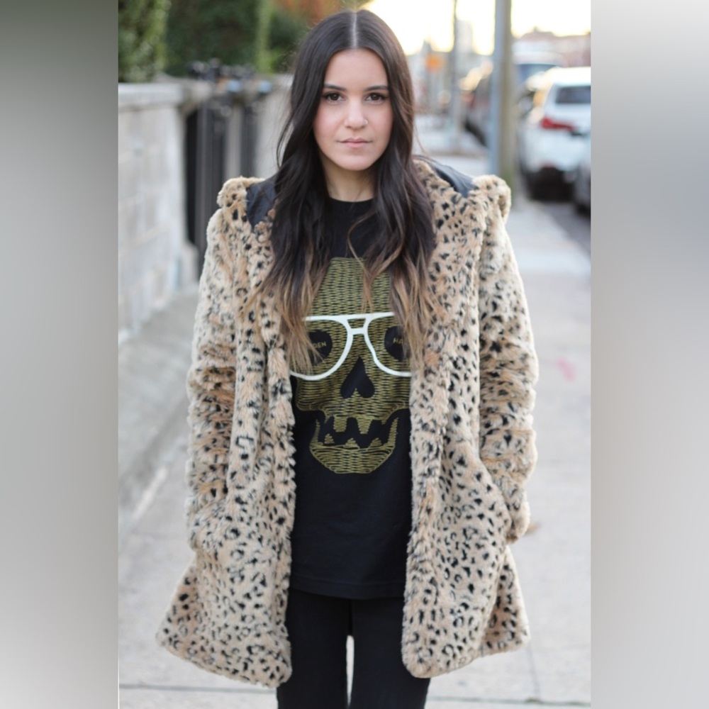 Faux Fur Leopard Print Coat with Hood